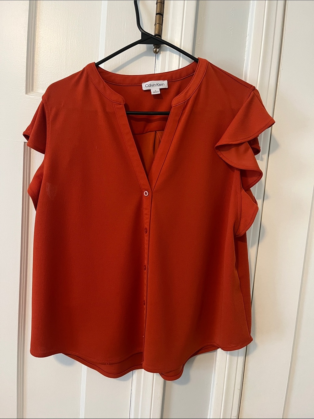 Calvin Klein Rust-Red Ruffle Sleeve Button Front Blouse